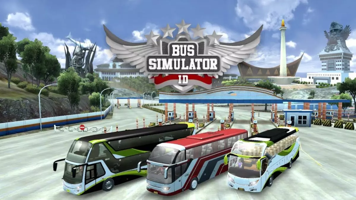 Gameplay Bus Simulator Indonesia menampilkan bus dengan livery khas Indonesia, melaju di jalanan perkotaan.