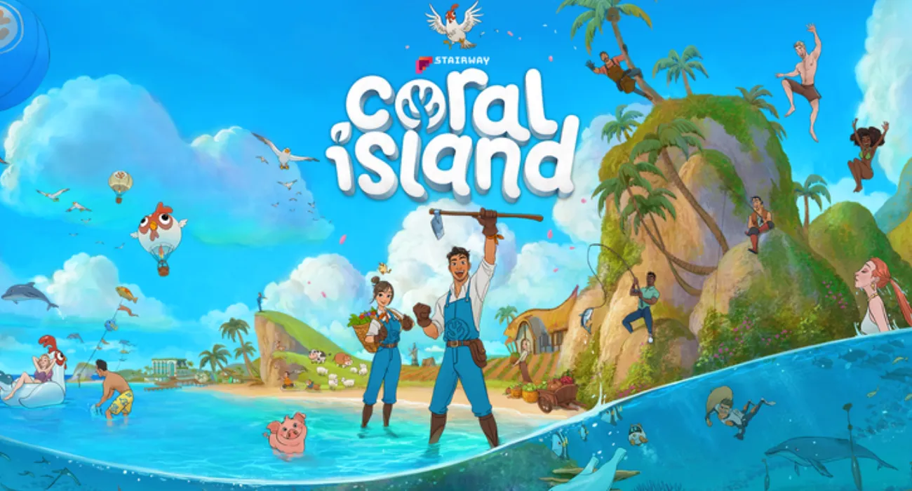 Pemain menjelajahi pulau tropis di game Coral Island buatan lokal