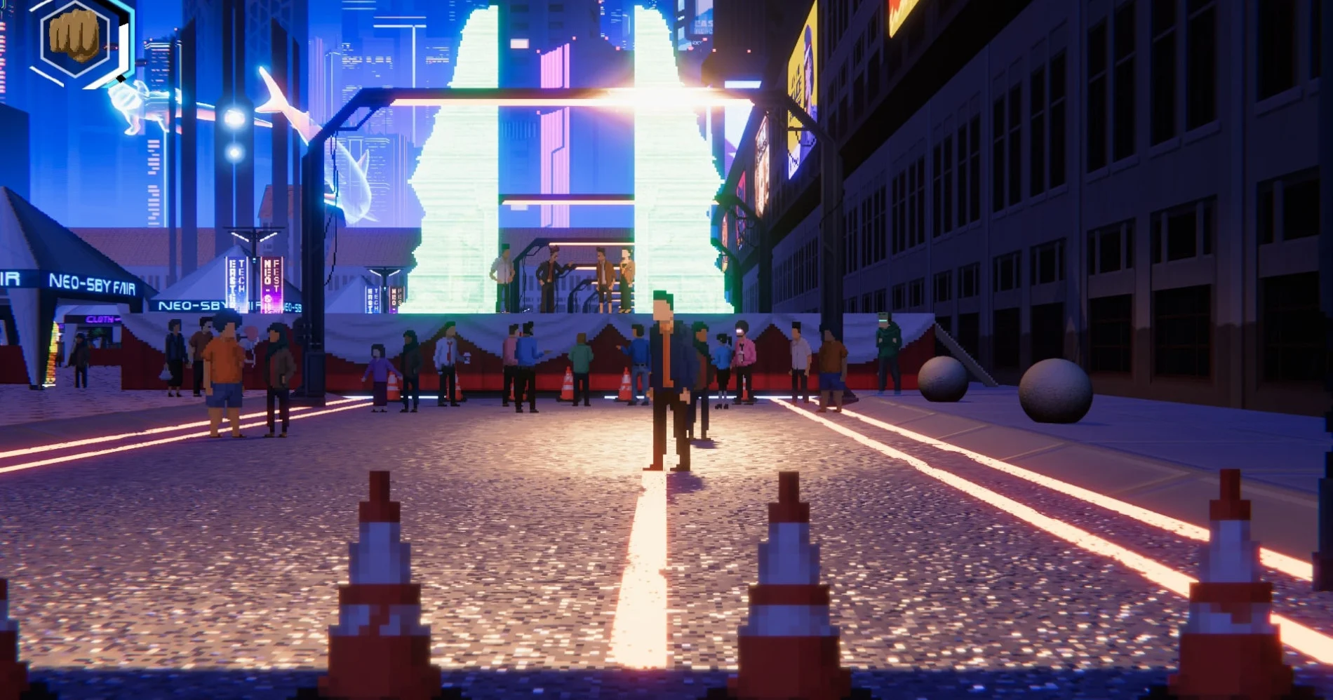 Neo Surabaya di Game Rendezvous Bergaya Cyberpunk Tampilan Neo Surabaya futuristik dalam game lokal Rendezvous bergaya cyberpunk dengan lampu neon dan gedung tinggi