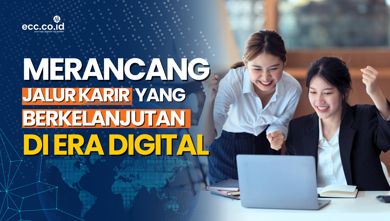 Ilustrasi jalur karir digital dengan laptop, grafik, dan ikon teknologi