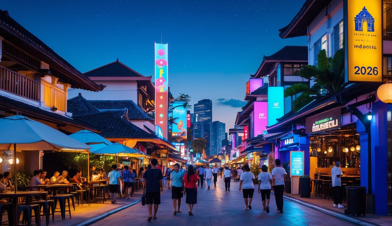 Pemandangan kota Jakarta malam dengan bar rooftop dan lampu gemerlap