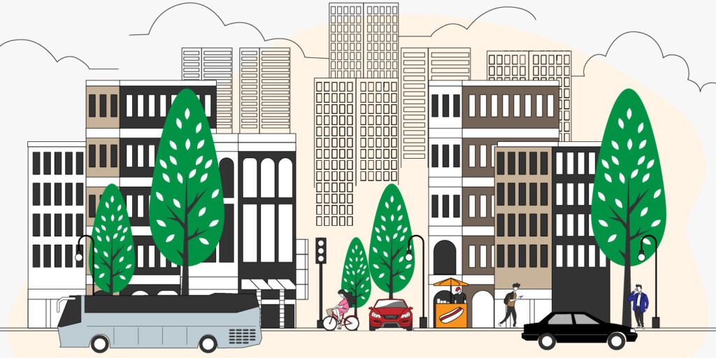 Kehidupan perkotaan di kota besar dengan gedung pencakar langit dan jalan sibuk