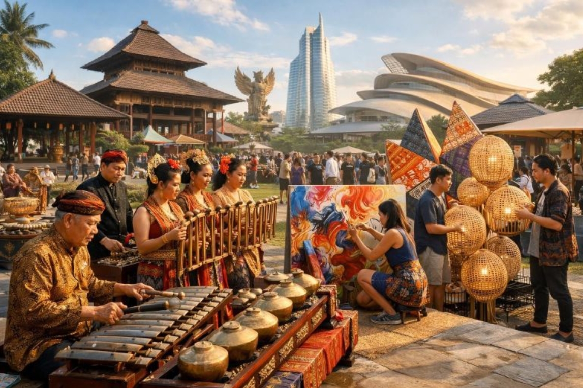 Sekelompok anak muda dari berbagai komunitas lokal sedang berdiskusi mengenai pelestarian budaya tradisional di ruang terbuka.