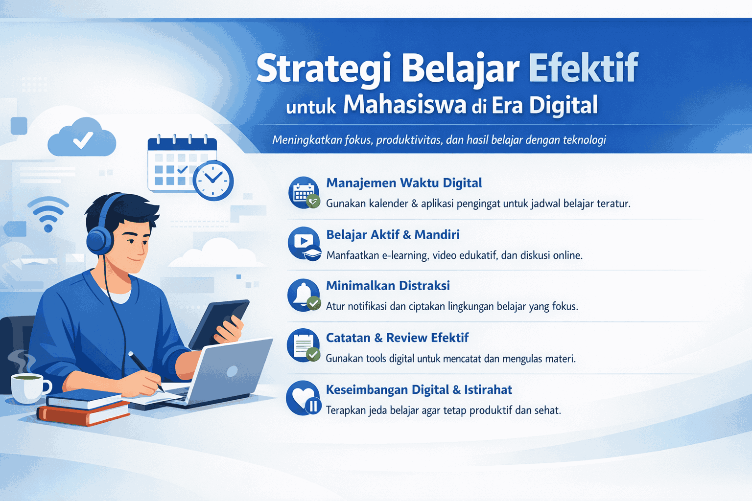 Seseorang menikmati kopi sambil membaca buku di tengah lingkungan kerja digital yang rapi.