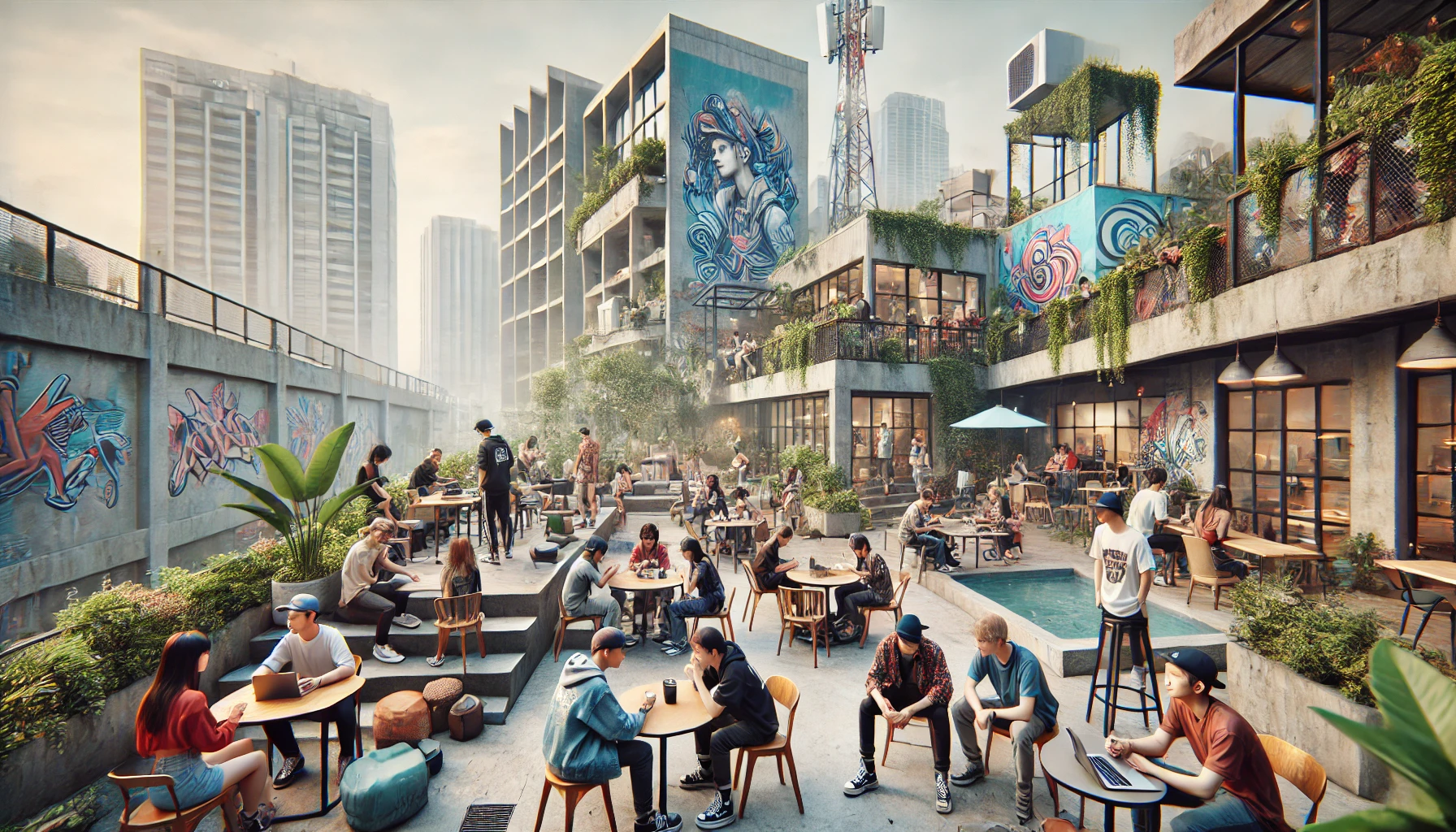 Sekelompok anak muda menikmati urban lifestyle modern di area kota dengan suasana kreatif dan produktif