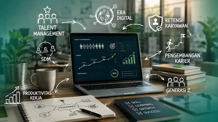 Ilustrasi seseorang sedang mengembangkan karier dengan belajar keterampilan digital dan meningkatkan kompetensi profesional
