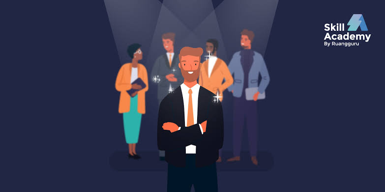Ilustrasi profesional sedang belajar meningkatkan skill untuk pengembangan karier dan meraih peluang kerja yang lebih baik.